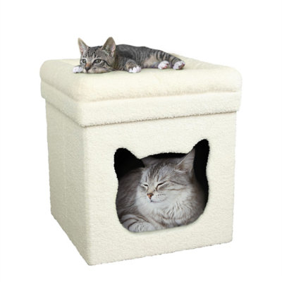 Froppi Fluffy Hugs 40cm Cat House Total Comfort Pet Bed with 2 Cosy Cushions Indoor Foldable White Teddy Boucle Cat Box DIY at B Q