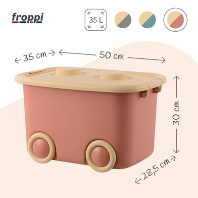 Froppi Pink Plastic Kids Toy Storage Box with Lid and Wheels, Stackable Toy Organiser L50 W35 H30 cm