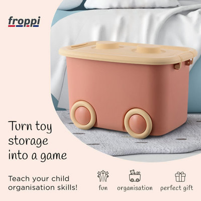 Froppi Plastic Kids Toy Storage Box with Lid and Wheels, Stackable Toy Organizer Pink L50 W35 H30 cm