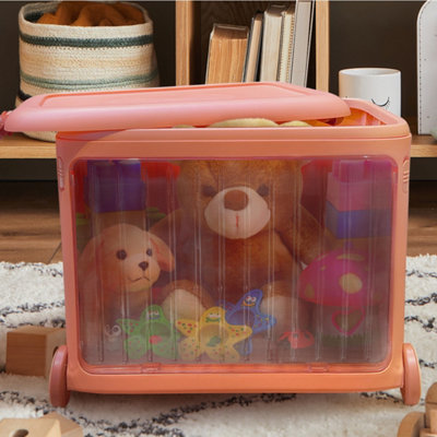 Froppi Plastic Kids Toy Storage Box with Lid, Stackable Toy Organizer with Transparent Door and Wheels, Orange L49 W35 H38.5 cm