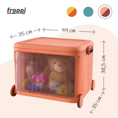 Froppi Plastic Kids Toy Storage Box with Lid, Stackable Toy Organizer with Transparent Door and Wheels, Orange L49 W35 H38.5 cm