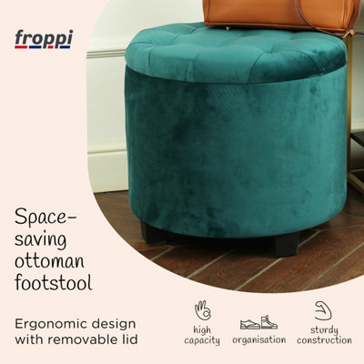 Froppi Premium 42L Storage Footstool, Teal Velvet Upholstered Ottoman Stool, Padded Vanity Stool, Round Footrest Stool D45 H41 cm