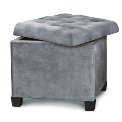 Froppi Premium 47L Storage Footstool, Storm Grey Velvet Upholstered Ottoman Stool, Square Ottoman Footrest Stool L45 W45 H41 cm