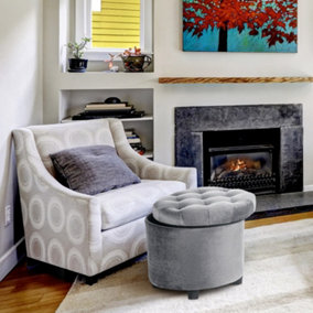 Froppi Premium Footstool with Storage Round Dark Grey Velvet Ottoman Storage Pouffe on Feet D45 H41 cm