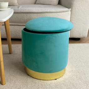 Froppi Premium Footstool with Storage Round Teal Velvet Ottoman Storage Pouffe on Gold Metal Base D37 H40 cm