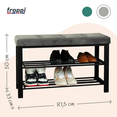 Froppi Premium Metal Shoe Storage Bench, 2-Tier Black Shoe Shelf and Rack with Charcoal Velvet Cushion Seat L81.5 W33 H50 cm