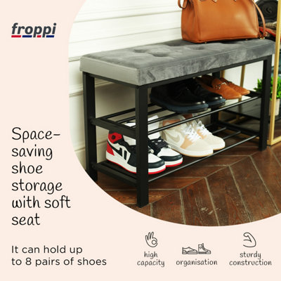 Froppi Premium Metal Shoe Storage Bench, 2-Tier Black Shoe Shelf and Rack with Charcoal Velvet Cushion Seat L81.5 W33 H50 cm