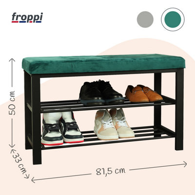 Froppi Premium Metal Shoe Storage Bench, 2-Tier Black Shoe Shelf and Rack with Dark Green Velvet Cushion Seat L81.5 W33 H50 cm