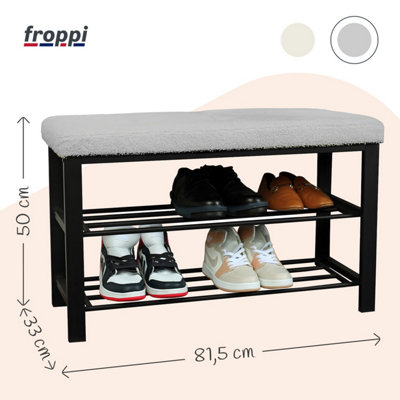 Froppi Premium Metal Shoe Storage Bench, 2-Tier Black Shoe Shelf and Rack with Grey Teddy Boucle Cushion Seat L81.5 W33 H50 cm