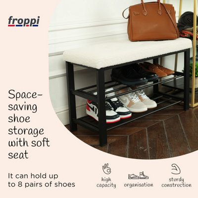 Froppi Premium Metal Shoe Storage Bench, 2-Tier Black Shoe Shelf and Rack with White Teddy Boucle Cushion Seat L81.5 W33 H50 cm