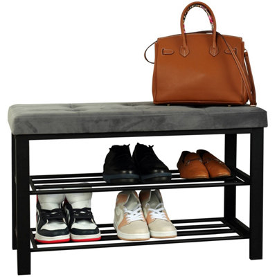 Froppi Premium Shoe Bench with Buttoned Charcoal Grey Velvet Seat 2 Tier Black Metal Shoe Rack Hallway Bench L81.5 W33 H50 cm DIY at B Q