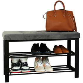 Froppi Premium Shoe Bench with Buttoned Charcoal Grey Velvet Seat & 2 Tier Black Metal Shoe Rack, Hallway Bench L81.5 W33 H50 cm