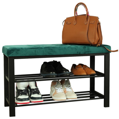 Froppi™ Premium Shoe Bench with Buttoned Forest Green Velvet Seat & 2 Tier Black Metal Shoe Rack, Hallway Bench L81.5 W33