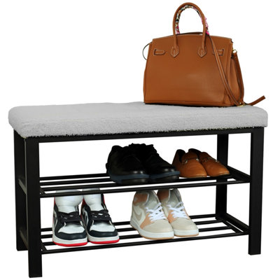 Froppi™ Premium Shoe Bench with Fluffy Grey Teddy Boucle Seat and 2 Tier Black Metal Shoe Rack, Hallway Bench L81.5 W33 H50 cm