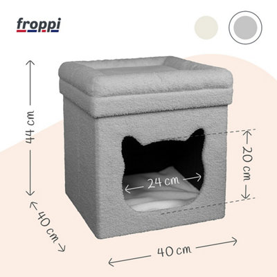 Froppi Premium Total Comfort Cat House Indoor Foldable Grey Teddy Boucle Cat Cave Bed with 2 Cosy Cushions L40 W40 H44 cm