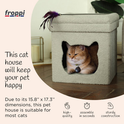 Froppi Premium Total Comfort Cat House Indoor Foldable Grey Teddy Boucle Cat Cave Bed with 2 Cosy Cushions L40 W40 H44 cm