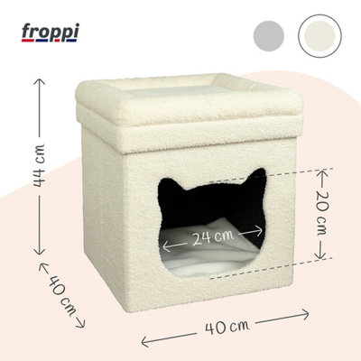 Froppi Premium Total Comfort Cat House Indoor Foldable White Teddy Boucle Cat Cave Bed with 2 Cosy Cushions L40 W40 H44 cm