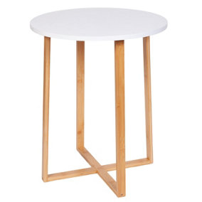 Froppi Small Round Coffee Table for Living Room White Wood Cocktail Table on Natural Bamboo Frame D40 H48.5 cm