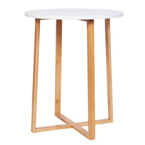 Froppi Small Round Coffee Table for Living Room White Wood Cocktail Table on Natural Bamboo Frame D50 H60.5 cm