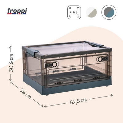 Froppi Stackable Collapsible Hard Plastic Blue Storage Box with Lid and Rollers L52.5 W36 H30.6 cm, 45L