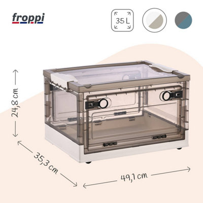 Froppi Stackable Collapsible Hard Plastic White Storage Box with Lid and Rollers L49.1 W35.3 H24.8 cm, 35L