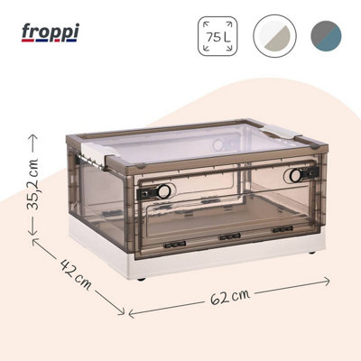 Froppi Stackable Collapsible Hard Plastic White Storage Box with Lid and Rollers L62 W42 H35.2 cm, 75L