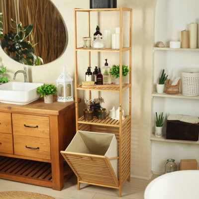 Froppi™ Tall Bathroom Cabinet with Laundry Basket, Freestanding Bamboo Bathroom Storage L40.5 W33 H160 cm Price Comparisons | Compare The Build