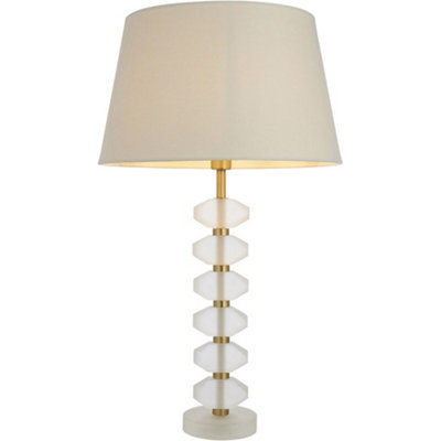 Frosted Crystal Table Lamp - Ivory Linen Mix Fabric Shade - 630mm Tall Light - 7W LED E14