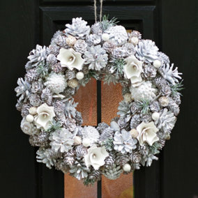 Frosted Flower and Pinecone Artificial Christmas Wreath