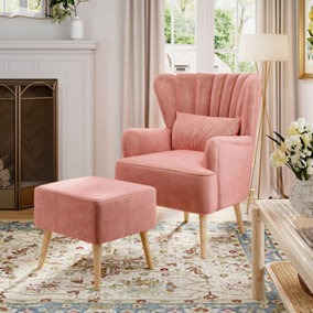 Frosted Velvet Wing Back Armchair With Footstool Set,Pink Upholstered Sofa Chair with Cushion and Wooden Legs
