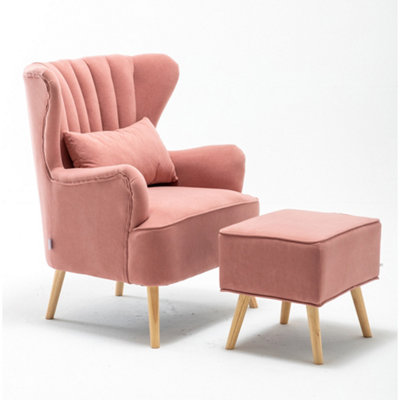 Frosted Velvet Wing Back Armchair With Footstool Set,Pink Upholstered Sofa Chair with Cushion and Wooden Legs