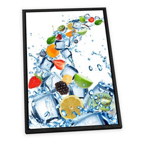 Fruit Water Splash Ice Cubes Kitchen CANVAS FLOATER FRAME Wall Art Print Picture Black Frame (H)30cm x (W)20cm