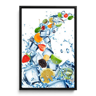Fruit Water Splash Ice Cubes Kitchen CANVAS FLOATER FRAME Wall Art Print Picture Black Frame (H)46cm x (W)30cm