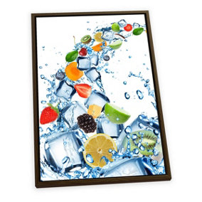 Fruit Water Splash Ice Cubes Kitchen CANVAS FLOATER FRAME Wall Art Print Picture Brown Frame (H)76cm x (W)51cm