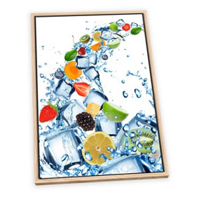 Fruit Water Splash Ice Cubes Kitchen CANVAS FLOATER FRAME Wall Art Print Picture Light Oak Frame (H)30cm x (W)20cm