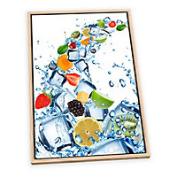 Fruit Water Splash Ice Cubes Kitchen CANVAS FLOATER FRAME Wall Art Print Picture Light Oak Frame (H)46cm x (W)30cm