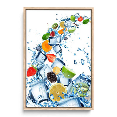 Fruit Water Splash Ice Cubes Kitchen CANVAS FLOATER FRAME Wall Art Print Picture Light Oak Frame (H)46cm x (W)30cm