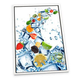 Fruit Water Splash Ice Cubes Kitchen CANVAS FLOATER FRAME Wall Art Print Picture White Frame (H)46cm x (W)30cm