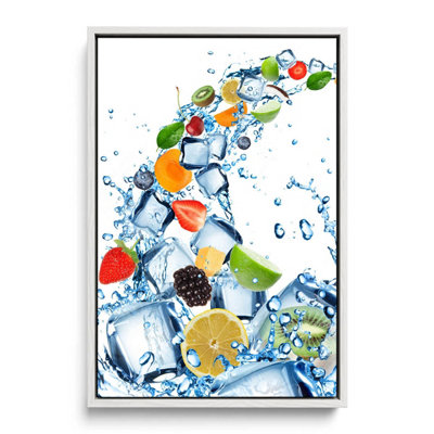 Fruit Water Splash Ice Cubes Kitchen CANVAS FLOATER FRAME Wall Art Print Picture White Frame (H)46cm x (W)30cm