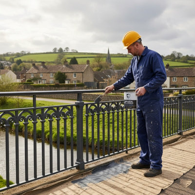 UK maintenance worker painting a metal railing