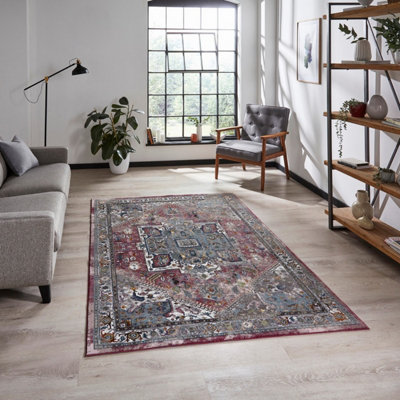 Fuchsia Blue Floral Traditional Bordered Easy To Clean Dining Room Rug ...