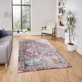 Fuchsia Blue Traditional Bordered Floral Polypropylene Rug for Living Room Bedroom and Dining Room-60 X 230cm (Runner)