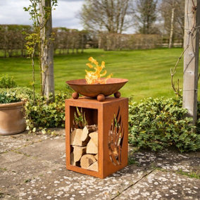 Fuego Fire Pit Bowl & Log Store - Weatherproof Outdoor Garden Wood Burner with Rust-Effect Finish & Cut-Out Design - H63 x 44cm
