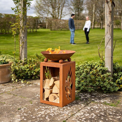 Fuego Fire Pit Bowl & Log Store - Weatherproof Outdoor Garden Wood