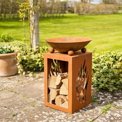 Fuego Fire Pit Bowl & Log Store - Weatherproof Outdoor Garden Wood Burner with Rust-Effect Finish & Cut-Out Design - H63 x 44cm