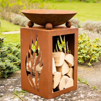 Fuego Fire Pit Bowl & Log Store - Weatherproof Outdoor Garden Wood Burner with Rust-Effect Finish & Cut-Out Design - H63 x 44cm