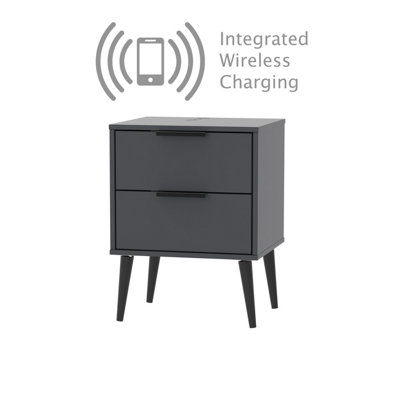 Fuji 2 Drawer Bedside  - WIRELESS CHARGING in Graphite (Ready Assembled)