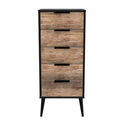 Fuji 5 Drawer Tallboy in Vintage Oak Black Ready Assembled