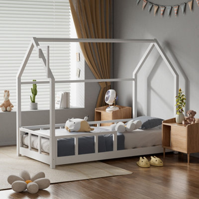 Full House Floor Bed for Kids Pine Wood Floor Bed Frame with Roof Wood House Bed for Girls and Boys
