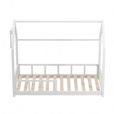 Full House Floor Bed for Kids Pine Wood Floor Bed Frame with Roof Wood House Bed for Girls and Boys